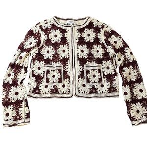 NEW Women's Crochet Floral White Daisy Sweater Cardigan- Cream and Burgundy